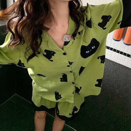 Summer New Style Cute Cat Print Lapel Short-Sleeved Pajamas for Women Thin Breathable Home Wear Set for Outer Wear Summer New Style Cute Cat Print Lapel Short-Sleeved Pajamas for Women Thin Breathable Home Wear Set for Outer Wear