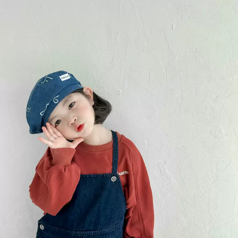 2024秋季新款儿童帽子韩版休闲画家帽女童牛仔布蝴蝶结贝雷帽秋天