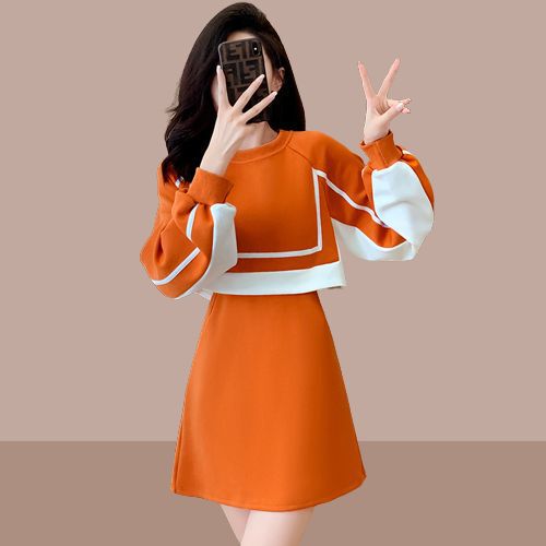 欧货拼接撞色卫衣连衣裙女2025秋冬季新款收腰显瘦假两件裙子|undefined