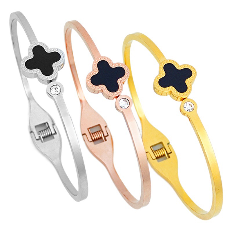 Pulsera de acero de titanio de oro rosa de trébol de cuatro hojas, de moda y no se desvanece, joyería de diamantes, nueva personalidad, pulsera de acero inoxidable, hombre