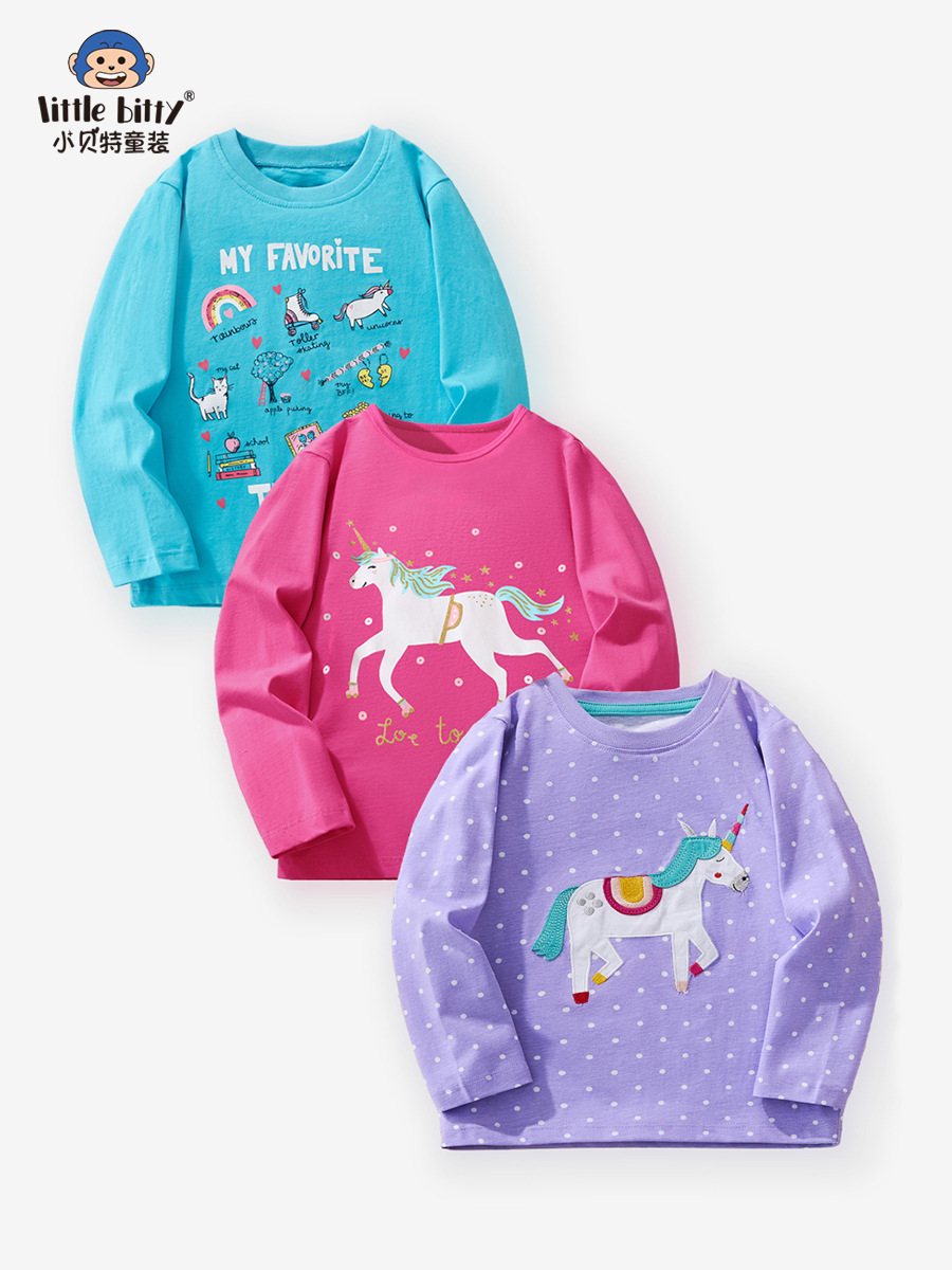 Cross-Border Kidsren's Clothing 2025 Autumn and Winter Kidsren's Long-Sleeved T-Shirt 3-Piece Set Unicorn Printed Embroidered Knitted Round Neck Shirt