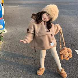 秋冬女童装外套宝宝洋气儿童个性潮牌韩版加绒加厚连帽卫衣毛毛衣