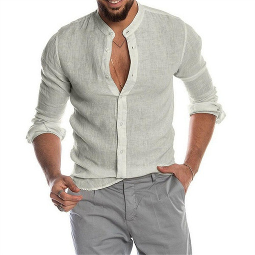 Men's solid color linen stand-up collar open jacket long sleeve loose men's shirt