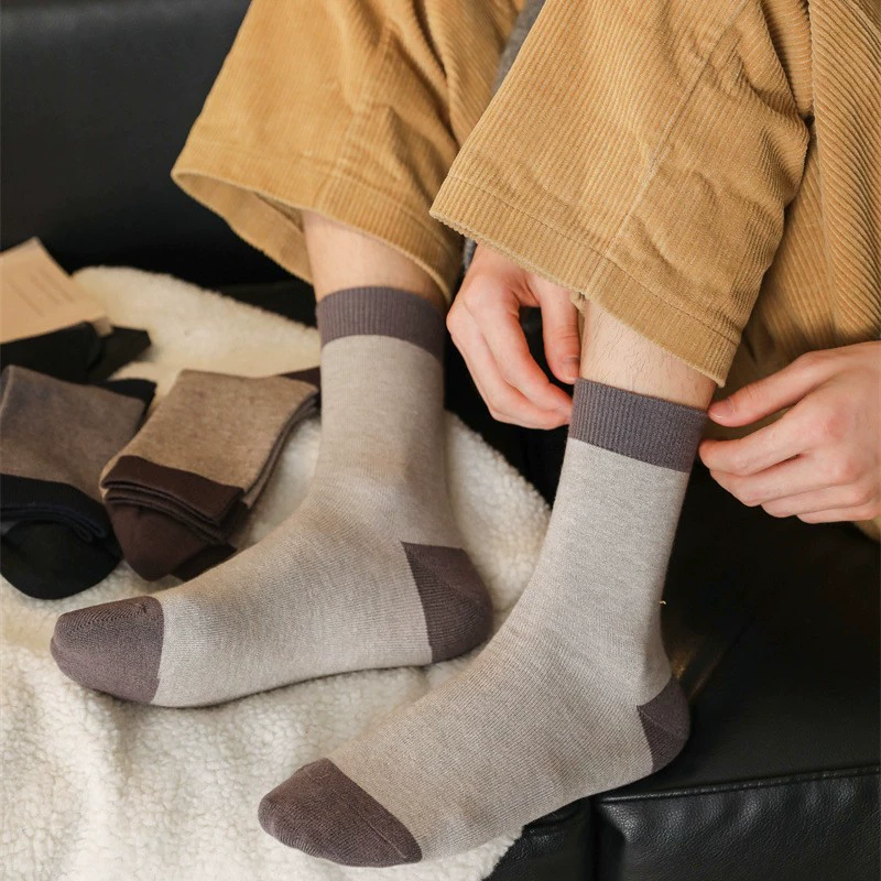 Новые мужские носки из искусственного кашемира на осень и зиму, теплые, в стиле колор-блок, повседневные, деловые, средней длины, утолщенные.
