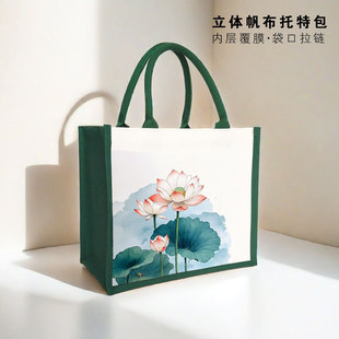 Ancient Style Lotus Canvas Tote Bag Student Backpack Bag with Three-Dimensional Laminated Surface, Handbag Shopping Bag with Three-Dimensional Printing