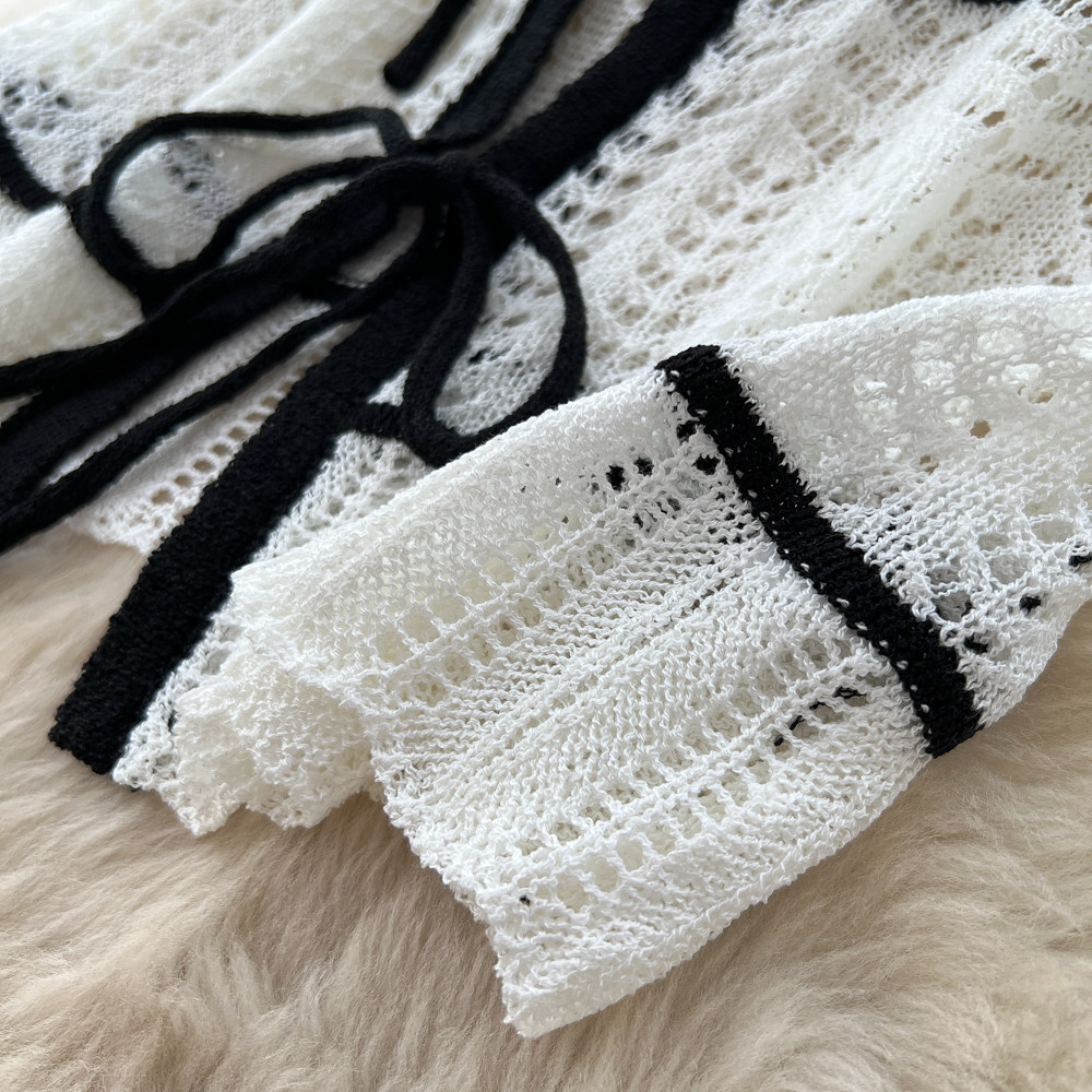 Women's Korean Style Workwear Knit Two Piece Set Summer V Neck Tie Waist Slim Fit White Color Block Stripes_ecoleips.com