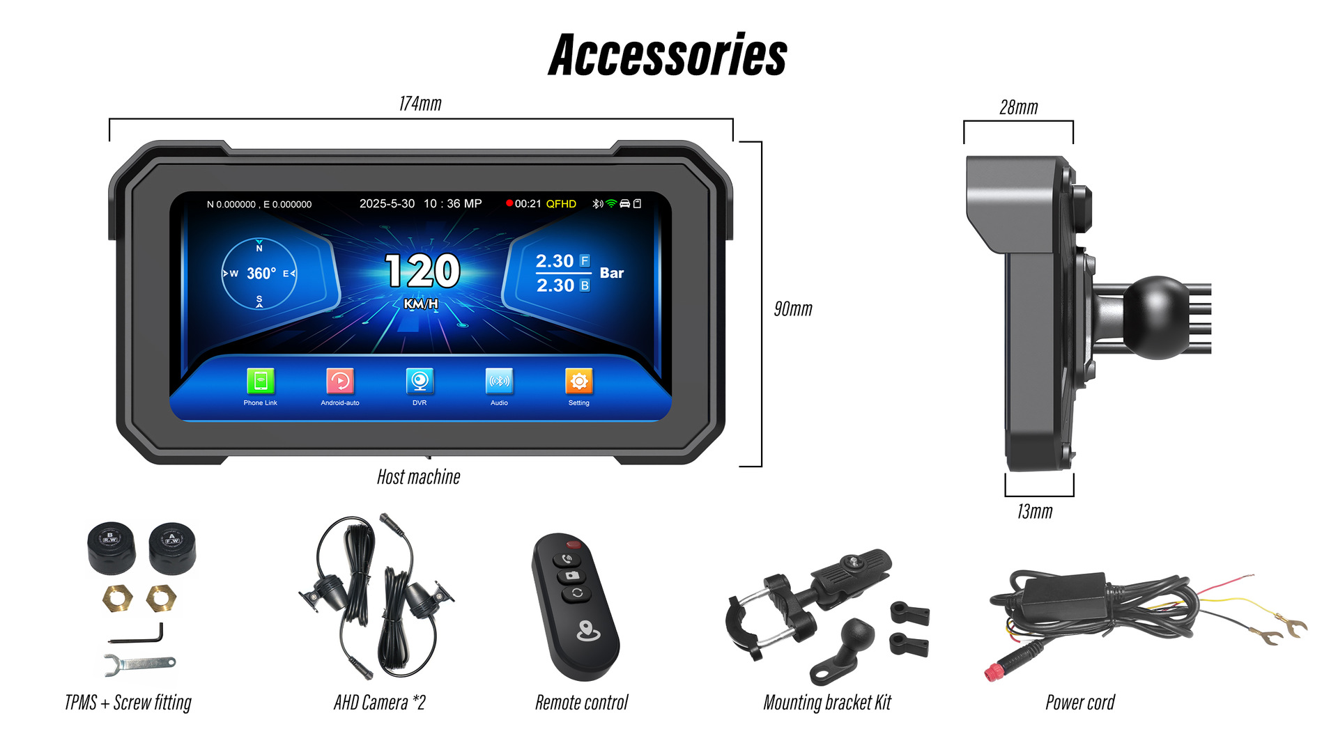 Cross-Border New Product 6inch Motorcycle Dashcam with Dual Front and Rear Cameras, Wireless Motorcycle Carplay Screen