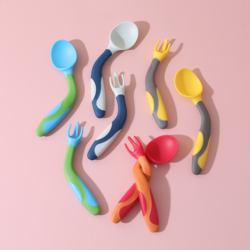 Cuchara de bebé aprendiendo a comer entrenamiento auto-comer suplemento alimenticio cuchara curvada bebé comiendo tenedor cuchara vajilla traje