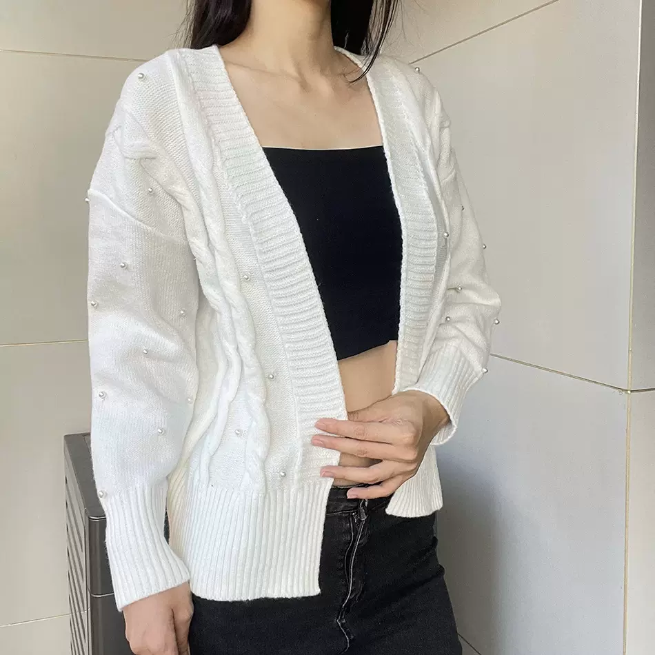 跨境外贸欧美亚马逊秋冬钉珠毛衣无扣外搭宽松休闲女装针织开衫潮