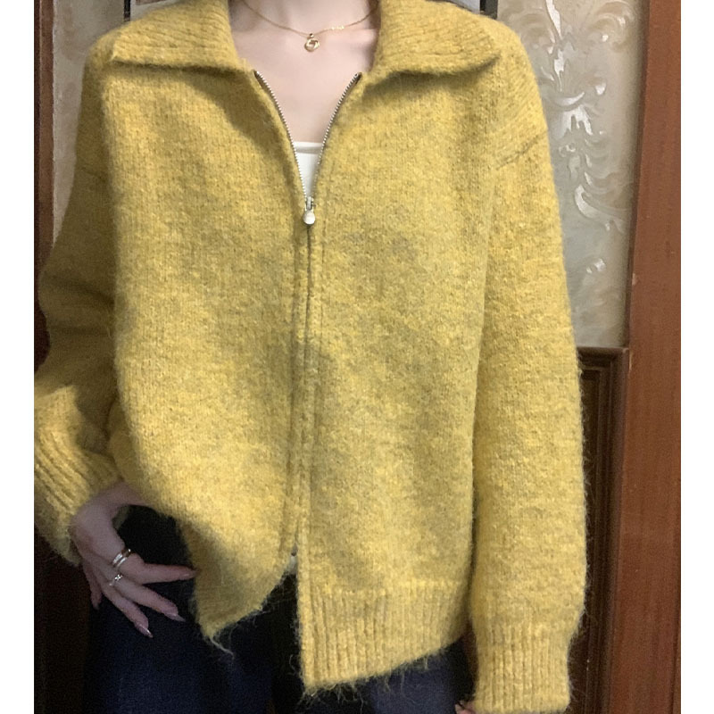 Korean Style Loose Lapel Double Zipper Sweater Jacket for Women 2025 Autumn and Winter New Style Lazy Style Slimming Look Knitted Cardigan for Women