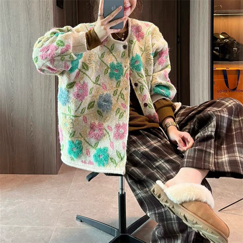 2024 осень-зима новые цветы с круглым вырезом трикотажный кардиган женский ленивый ветер большая доска полотенце свитер куртка женская одежда
