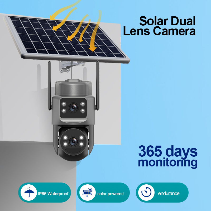 Cámara 4G de doble lente con energía solar para monitoreo con intercomunicador de voz de doble pantalla de alta definición e inteligencia infrarroja.