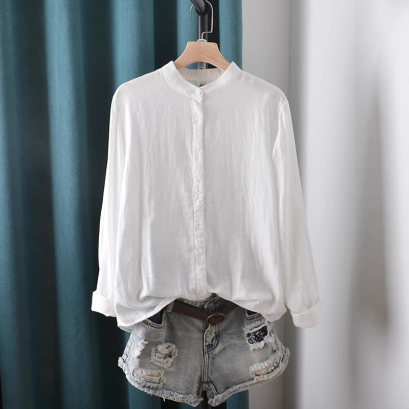 Japanese-Style Artistic Small Stand-Up Collar Solid Color Cotton Gauze Base Shirt, Simple and Elegant Versatile Basic White Shirt for Women