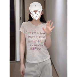 美式气质涂鸦彩色字母印花短袖T恤女夏季正肩百搭显瘦ins辣妹上衣