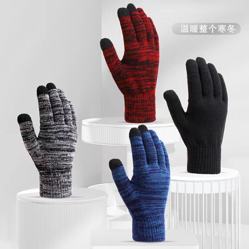 Cross-border direct supply men's large size anti-slip warm lined gloves, European and American fashion cold-resistant thick knitted touch screen gloves