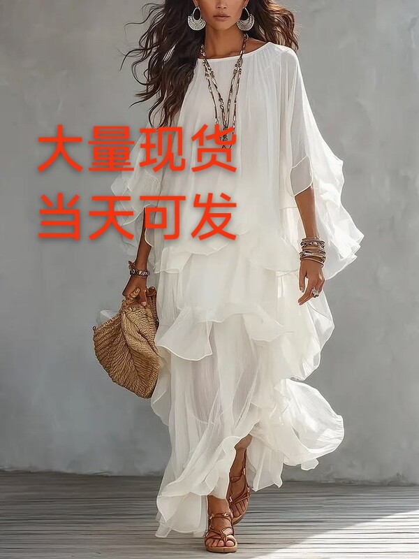 Cross-Border Wholesale Elegant Slimming Ruffled Long Dress French Style Women's Lantern Sleeve High-End Round Neck Loose Dress Cross-Border Wholesale Elegant Slimming Ruffled Long Dress French Style Women's Lantern Sleeve High-End Round Neck Loose Dress