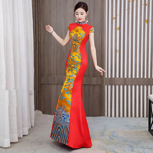 Long Chinese dresses dragon pattern evening dress annual meeting host model catwalk Chinese style cheongsam stage costume