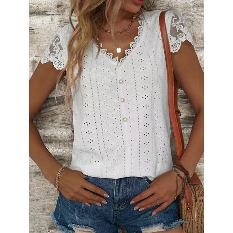Amazon 2023wish New European and American Fashion Solid Color Lace V-Neck Short Sleeve T-Shirt Top