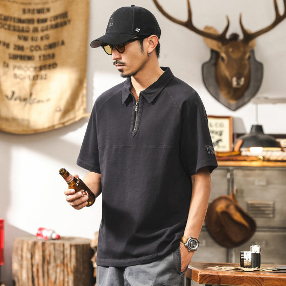 American retro 260g heavyweight T-shirt men's short sleeve summer 2025 new loose half zipper lapel polo shirt men