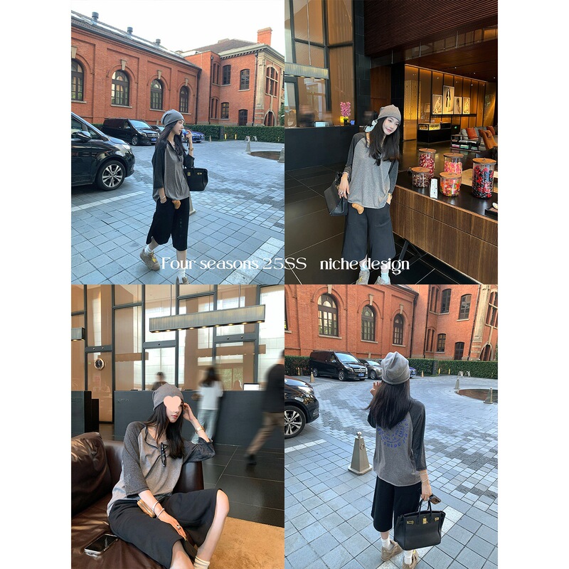 欧阳 撞色印花长袖T恤女秋季新款宽松显瘦美式复古圆领上衣|undefined