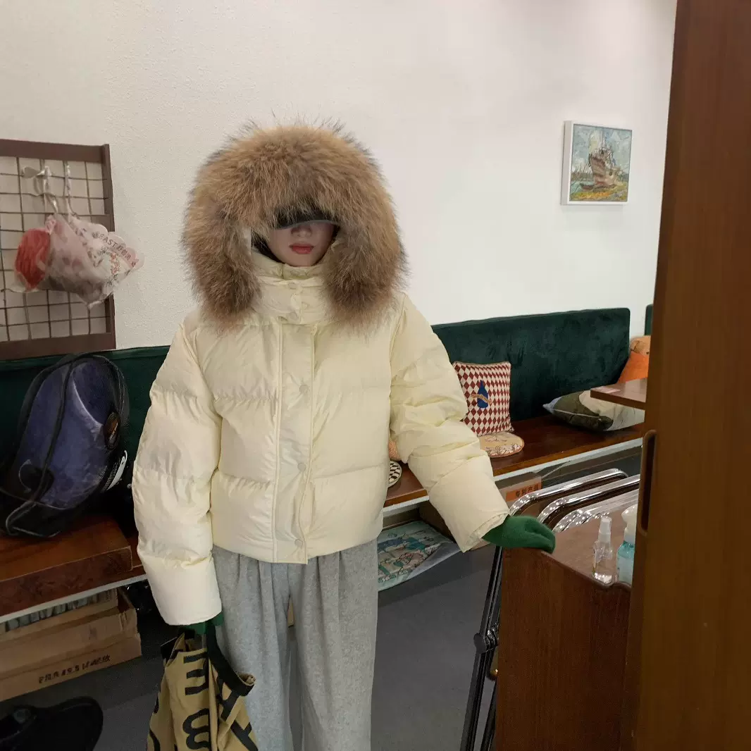现 SoloDance超大貉子毛领羽绒服韩国东大门24冬连帽可拆卸面包服