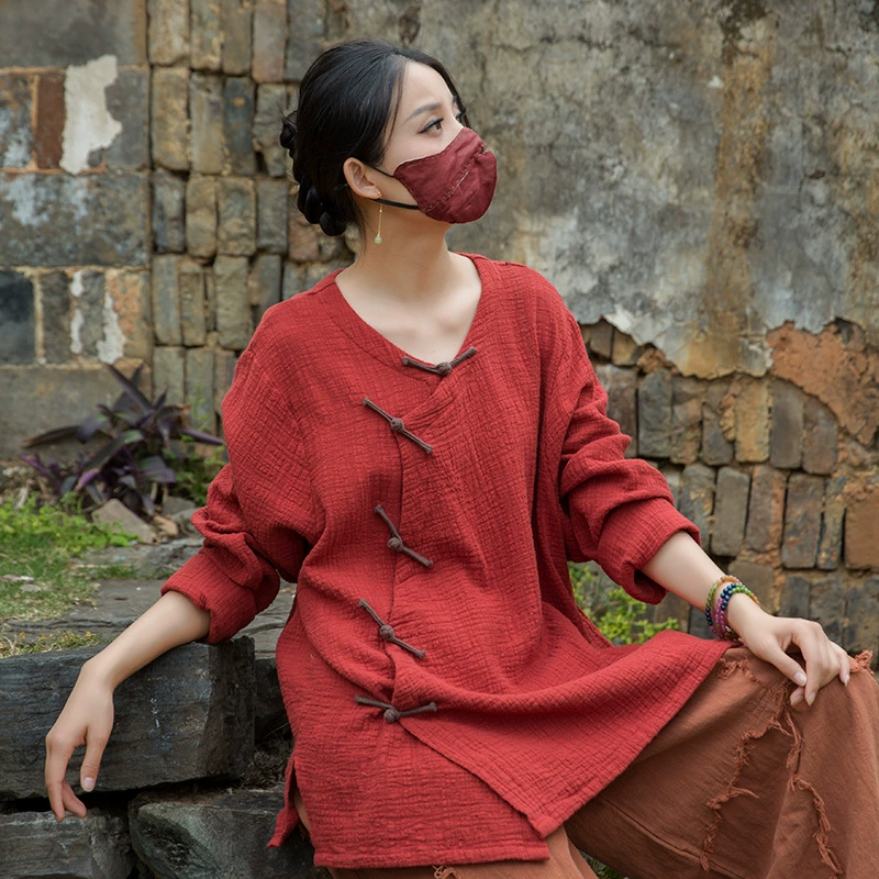 Осенне-зимняя женская одежда из хлопка и льна, новый китайский стиль, контрастные цвета, на пуговицах, с длинными рукавами, свободный крой, в стиле «ленивый шик», мягкий, в стиле дзен, топ для чаепития.