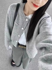 小个子针织开衫女灰色小众短款2025新款春秋修身圆领长袖毛衣外套