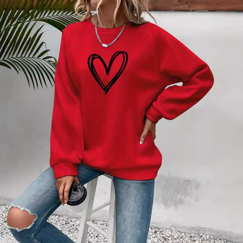 Women's Cozy Plush Crewneck Long-Sleeve Sweatshirt with Heart Print, a Hot Selling Item in Europe and America