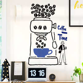 线条咖啡机厨房吧台装饰贴画咖啡店窗户可移除墙贴画咖啡豆贴纸