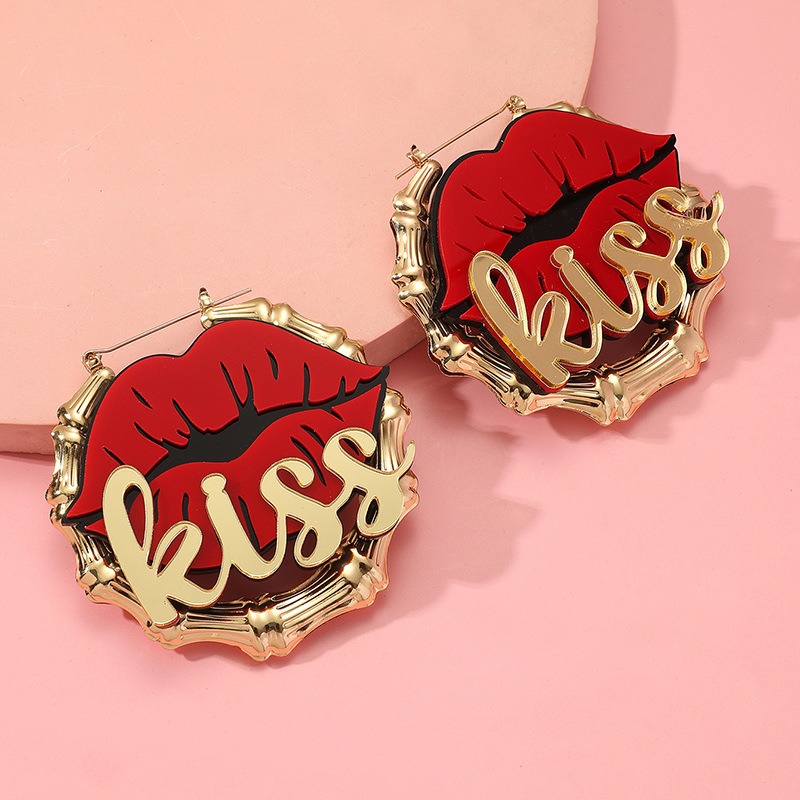 Fashion Red Lip Letter Large Round Bamboo Earrings display picture 3