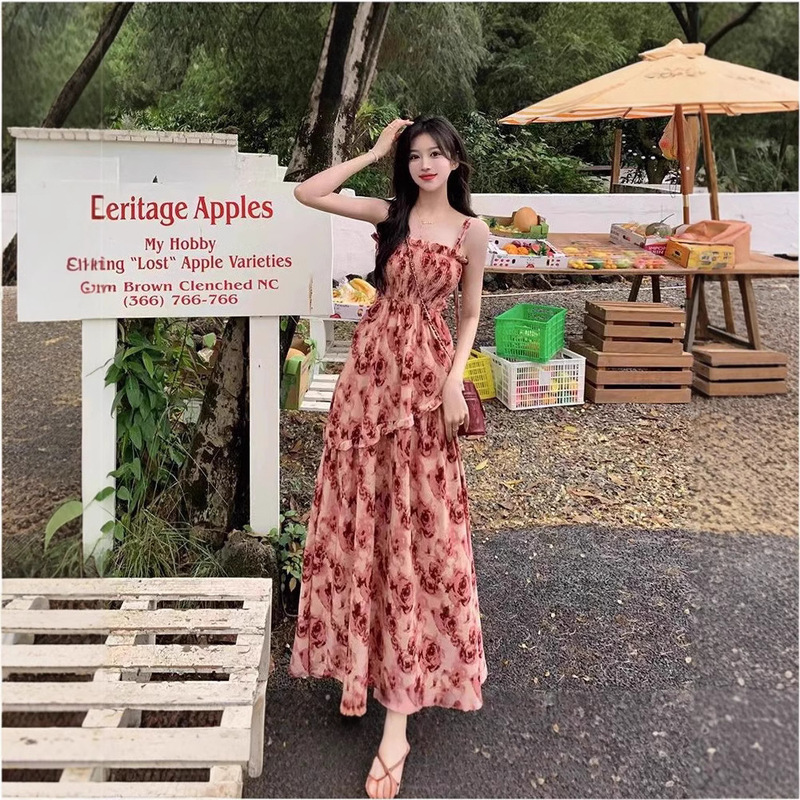 Vintage Rose Floral Sling dress Women's Summer 2024 New Waist dress