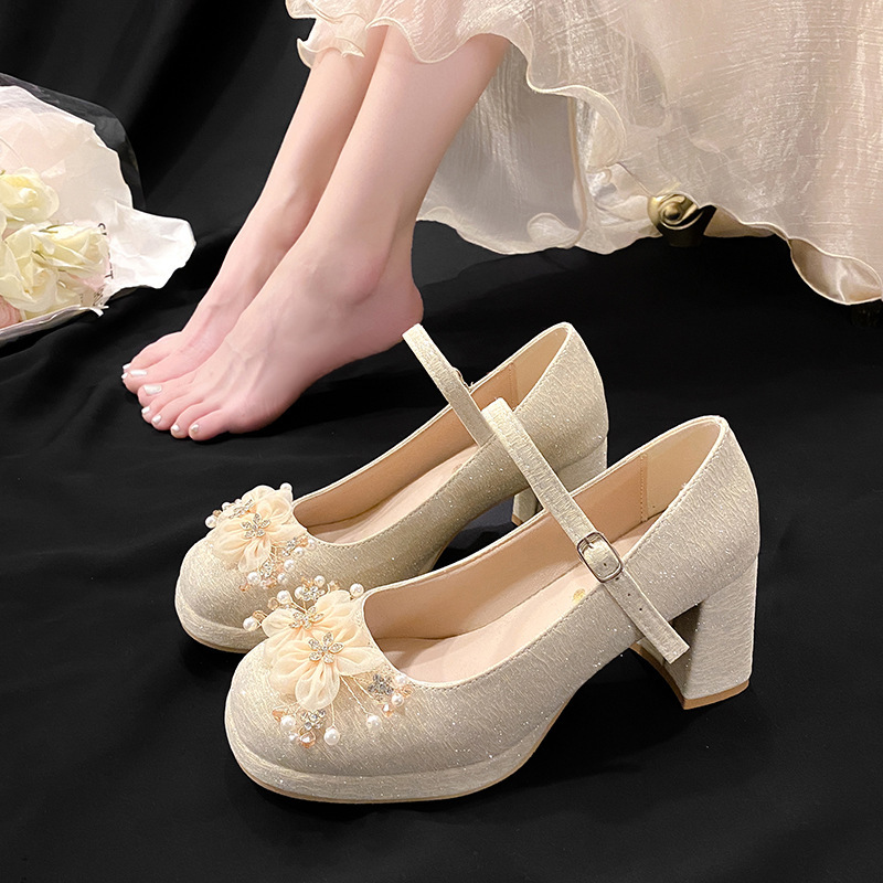 Guofeng Cheongsam with Horse Face Skirt Mary Jane Shoes Elegant Fashion Bow High Heels Women's Small Thick Heel Shoes