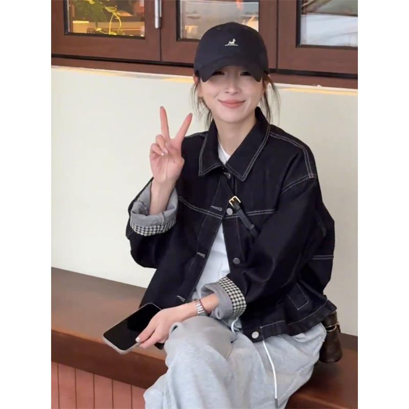 Vintage Contrast Color Cuff Plaid Denim Jacket Women's 2025 Spring and Autumn New Loose Lazy Style Short Jacket Top