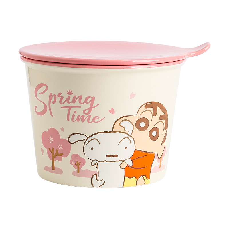 Nueva taza de cerámica Crayon Shin-chan marca compartida lindo tazón de fideos instantáneos de estilo japonés grande individual con tapa