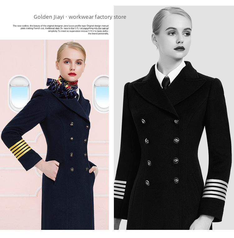 Stewardess-Mantel Damen Mittellanger Herbst- und Winter-Wollmantel für Flugkapitän/Pilot/Bodenabfertigung am Flughafen_voghion.com
