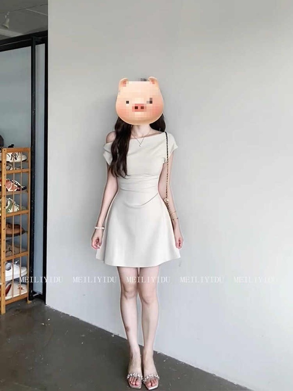 2025大码胖MM法式纯欲气质斜肩收腰连衣裙女夏季设计感小众显瘦短|undefined