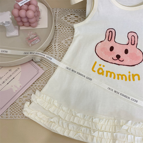 韩版童装2024新款夏季女童兔子T恤背心裙儿童洋气卡通印花连衣裙