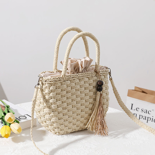 Hand-woven straw bucket bag for women,  new cute forest-style handmade shoulder and crossbody woven bag