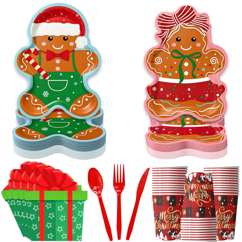 Amazon Christmas Party Decorations Disposable Gingerbread Man Christmas Stockings Gifts Shaped Paper Plates Paper Towels Tableware