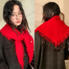 冬混纺流苏三角巾柔软气质百搭保暖披肩加厚围巾围脖韩系氛围感女