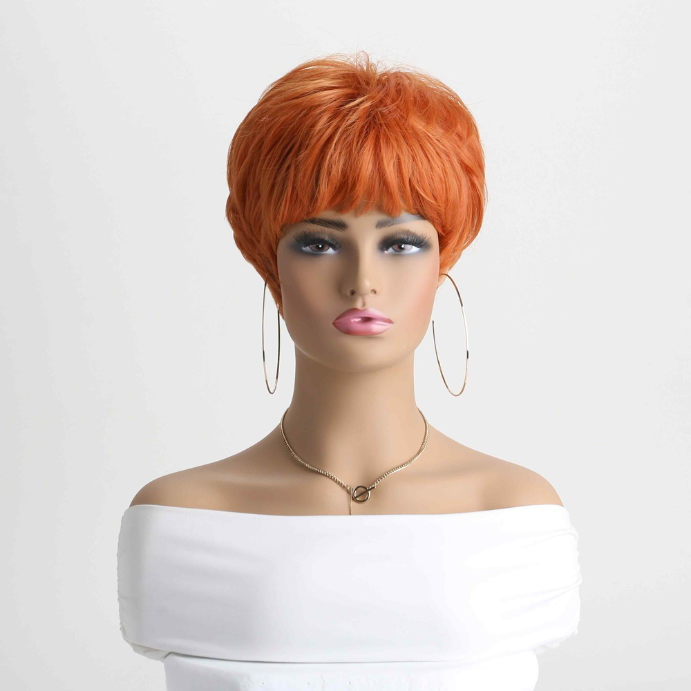 Pelucas de estilo europeo y americano populares y de gran venta para mujer 2026, cabello corto realista y natural de color mixto con flequillo diagonal, peluca de fibra sintética con flequillo de aire.