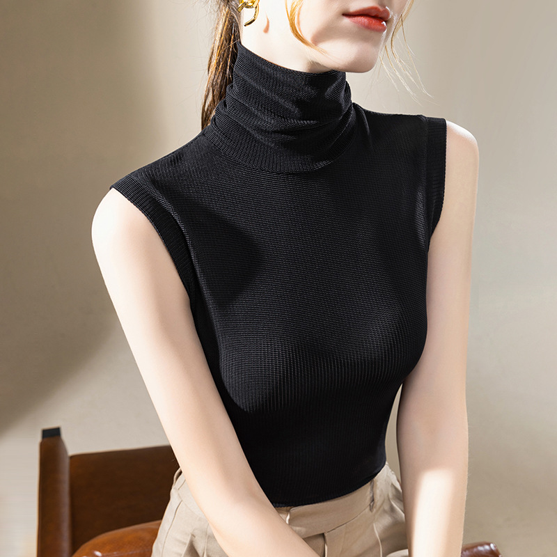 Las mujeres cuello alto Chaleco de malla 2023 nuevas elegante interior estilo occidental pequeña camisa color sólido cintura sin mangas top