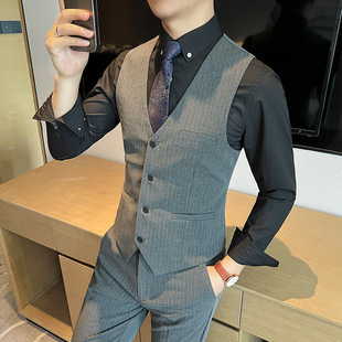 Men's Bar Clerk Vest Jacket Business Dress Striped Slim Fit MC Support Vest Waistband Best Man Clothes