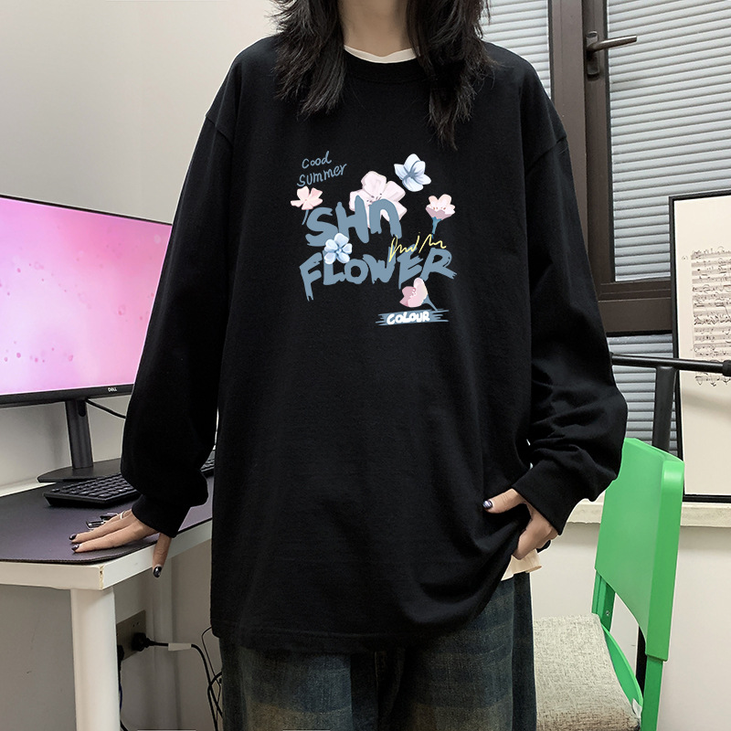 100% algodón pesado de alta calidad 230g de otoño camiseta de manga larga de cuello redondo negro camiseta de base suelta camiseta de mujer