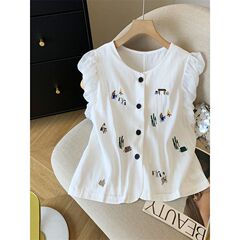 衬衣女大码夏季女装亚麻马夹背心夏季泡泡袖棉麻开衫上衣女短外套