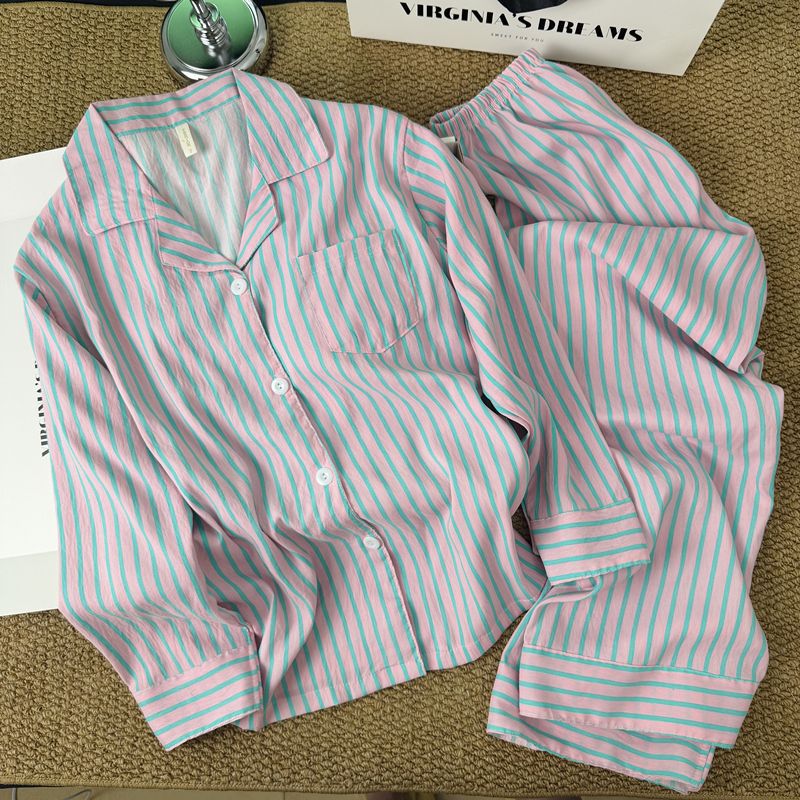 Coreano simple contraste rayas pijamas mujeres 2026 nuevo verano relajado pantalones largos de manga larga ropa para el hogar dos piezas