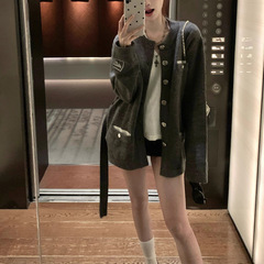 杜维埃1957 经典正肩小香风针织毛衣秋季可收腰羊毛开衫外套女