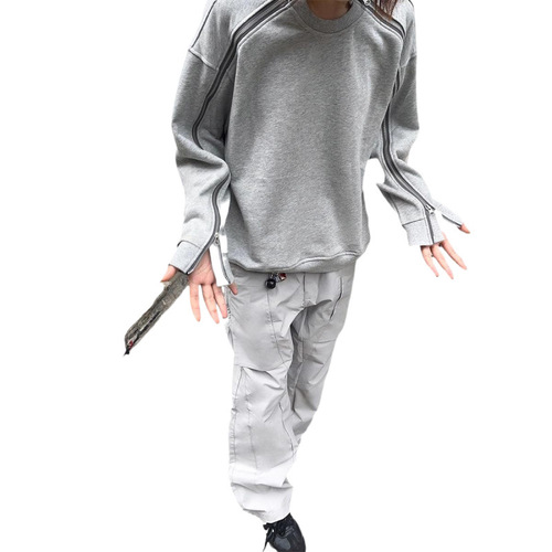 Deconstruction Double Zip Round Neck Collar Long Sleeve Hoodie Men's Casual Splicing Drop Shoulder Heavyweight Design Focused Top
