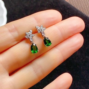 Factory wholesale explosions hot selling natural diopside earrings S925 silver inlaid main stone 5*7 water droplets