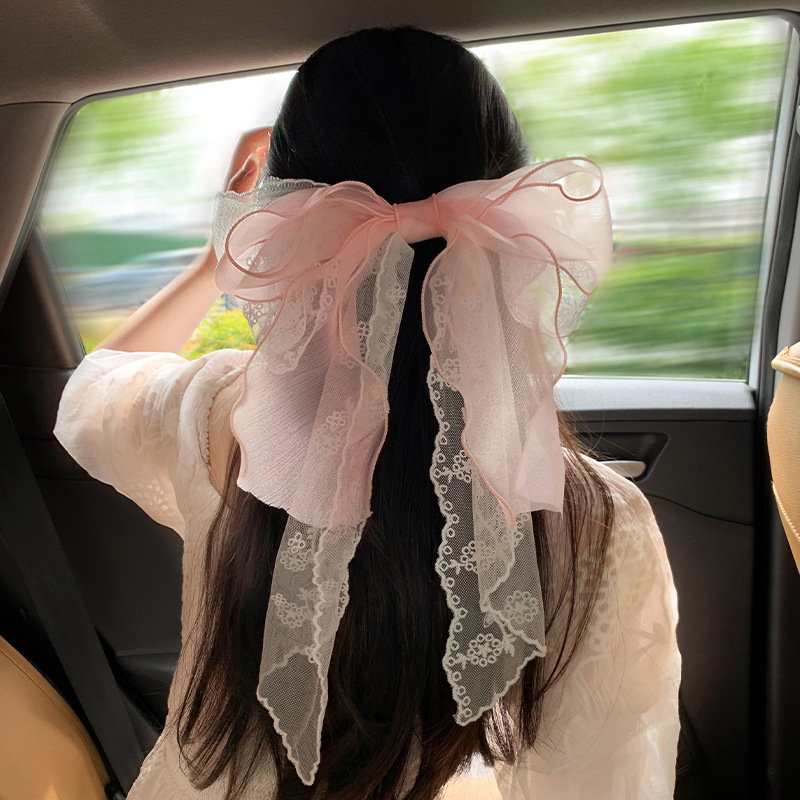Lace pink printed bow ribbon hairpin women's large back spoon spring clip French temperament hairpin hair accessories_voghion.com